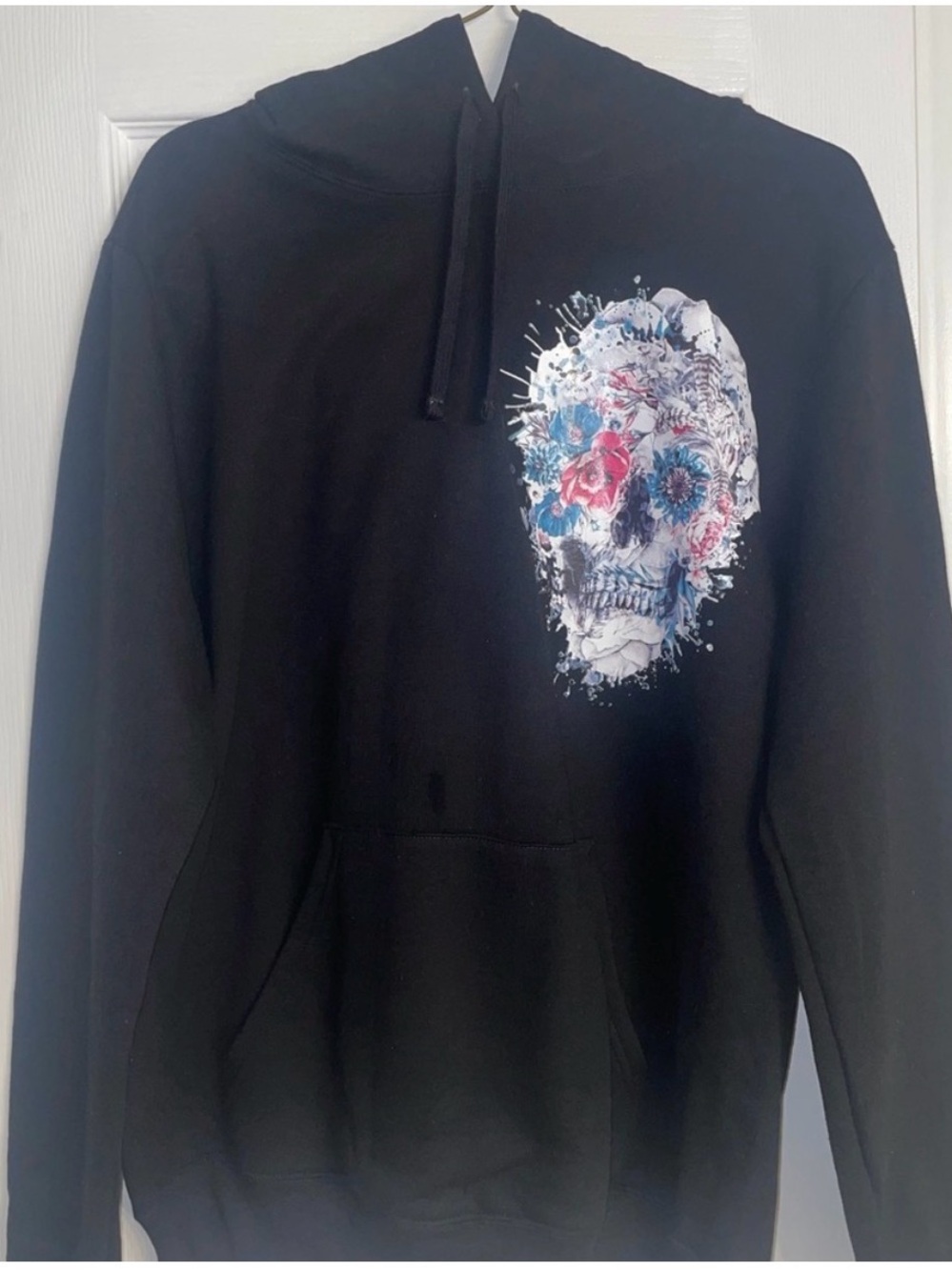 District Black Halloween Hoodie with Floral Skull Graphic
